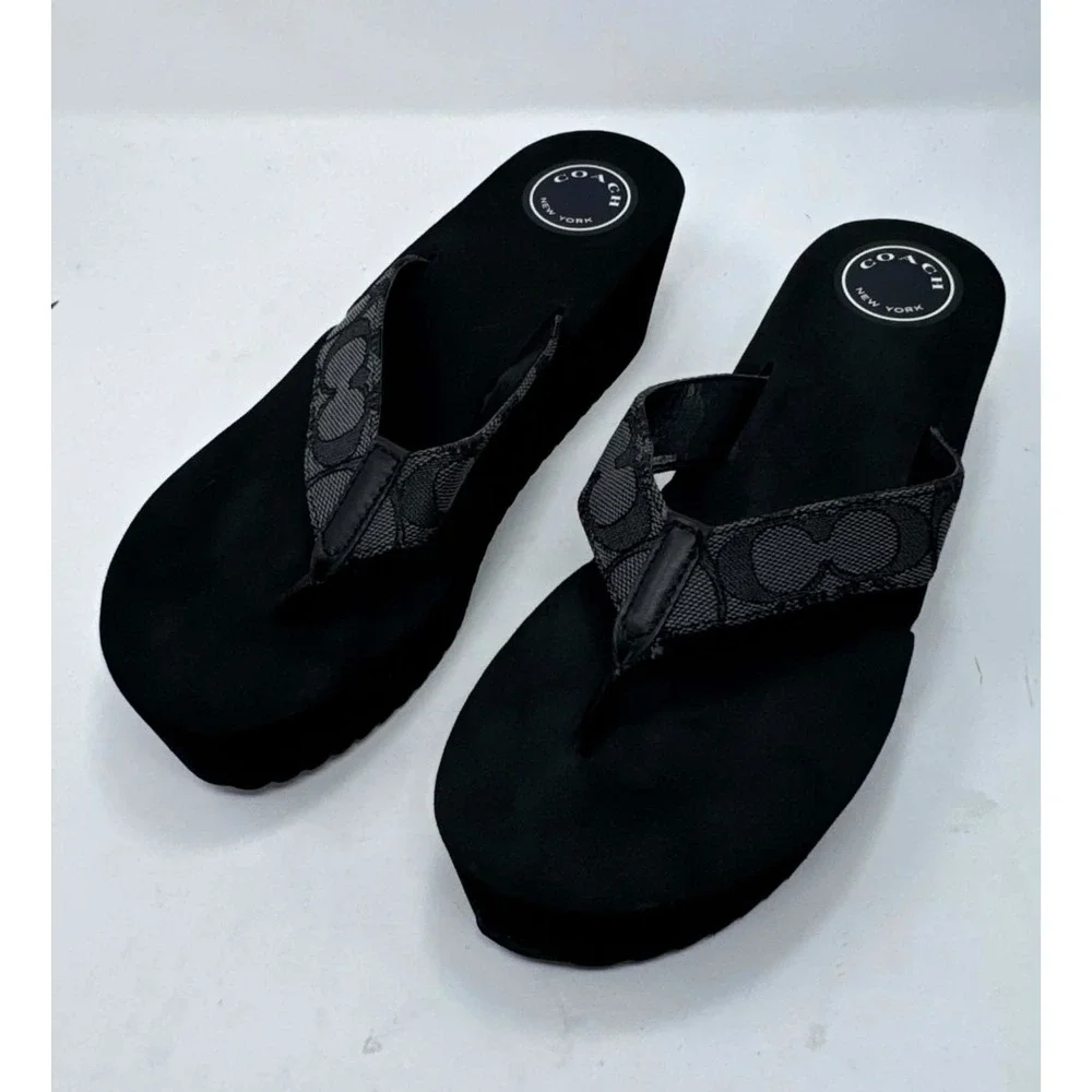 Coach Jen Signature C Jacquard Platform Wedge Flip Flop Sandals Y2K Womens 9B